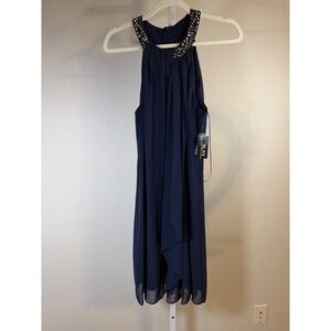SLNY Navy Beaded Halter Neck Dress‎ Women's Size 10 Chiffon Cocktail Evening